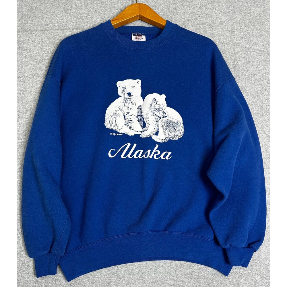 1992 Jerzees Super Sweats Graphic Sweatshirt XL Blue Alaska Polar Bears Made USA